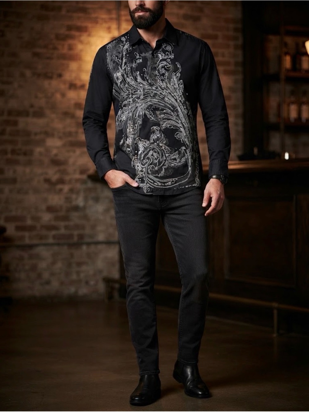 INC International Concepts Men's Black Long Sleeve Baroque Embroidered Sz Small